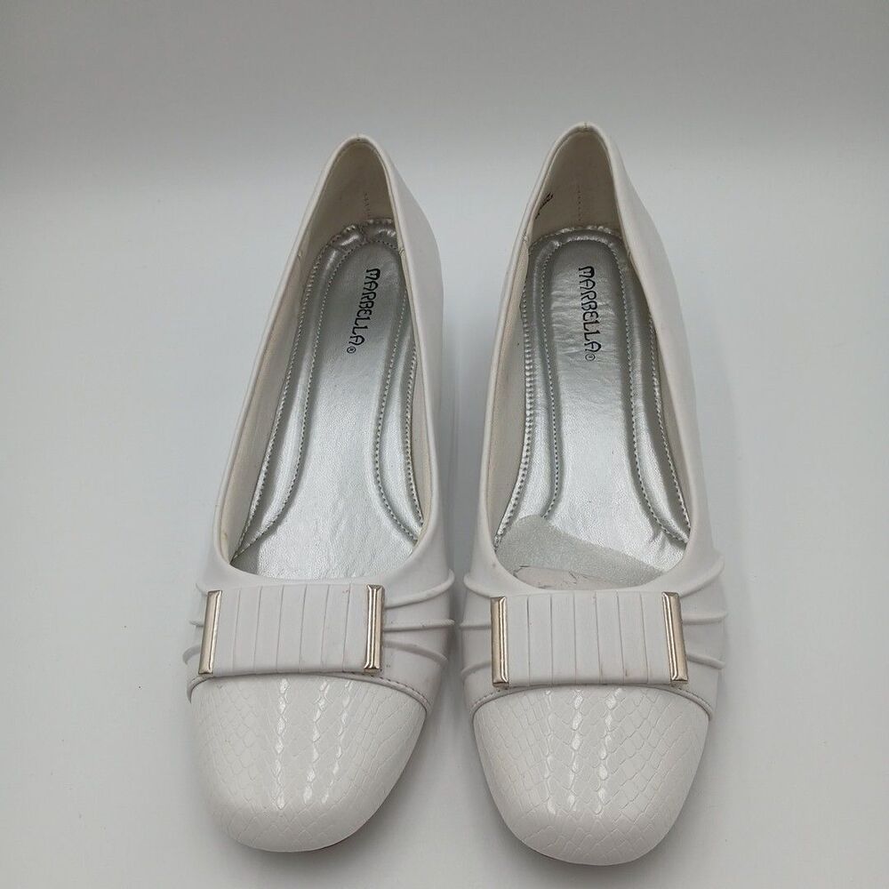 Marbella Megan White Low Block Heel Shoes Sz. 8.5M